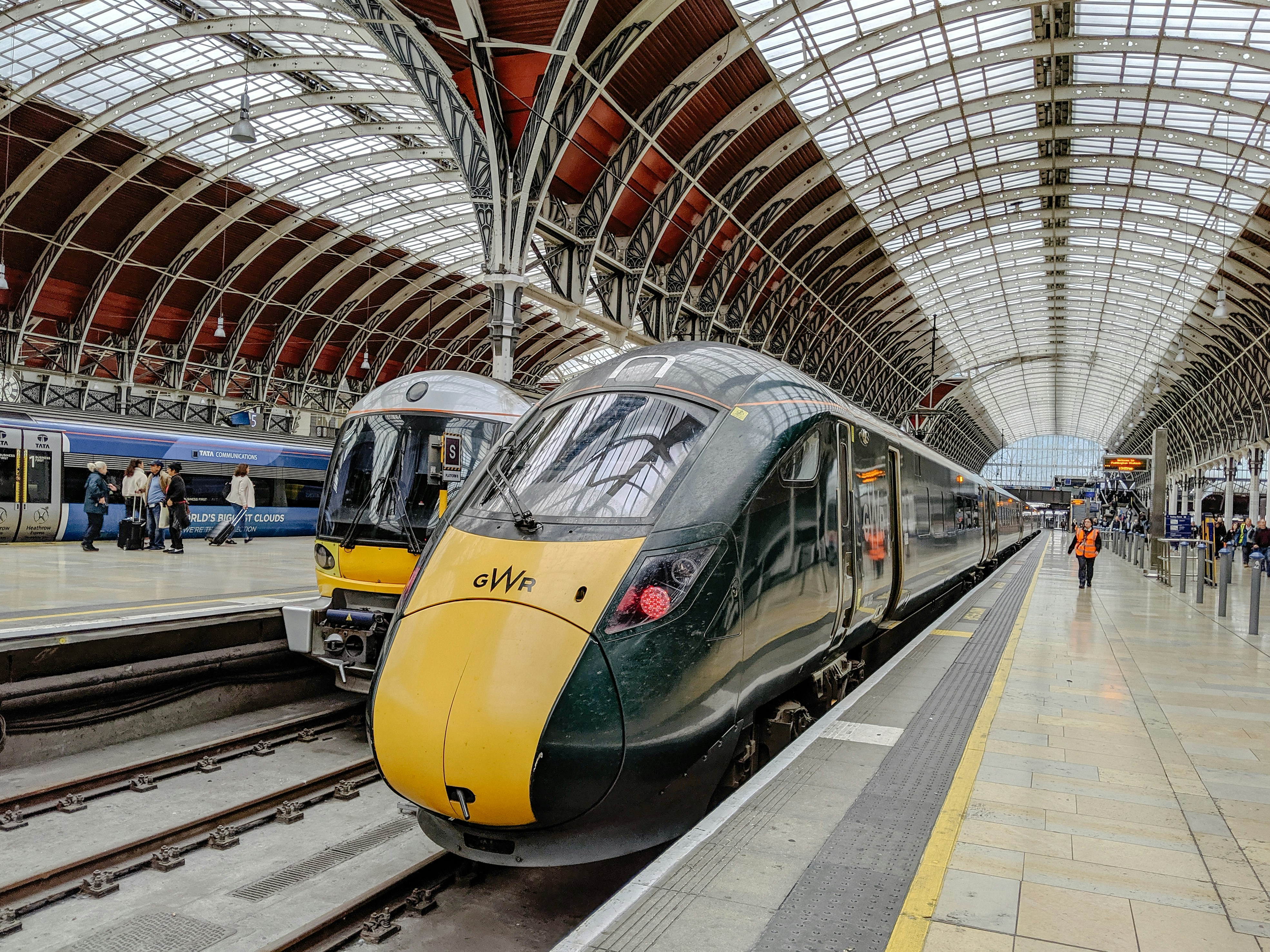 Great Western Railway trains beneath the roof at London Paddington